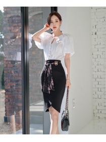 Korean Style  slim puff sleeve top waist fashion hip skirt suit