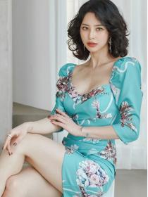 Korean Style  temperament slim slim mid-sleeve printed fashion sexy hip dress
