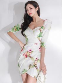 Korean Style  temperament slim slim mid-sleeve printed fashion sexy hip dress