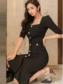 Korean style temperament square collar slim  fishtail  professional dress