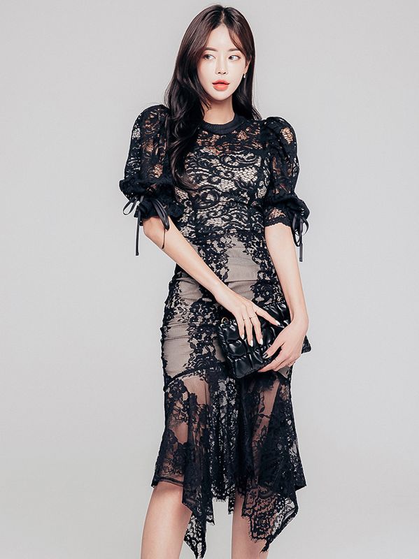 Korean Style  celebrity temperament lace collar  Hollow Out  l dress