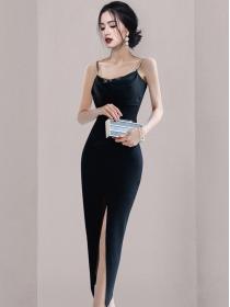 Korean Style  Pure Color Open Fork  the slim suspender dress