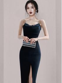 Korean Style  Pure Color Open Fork  the slim suspender dress