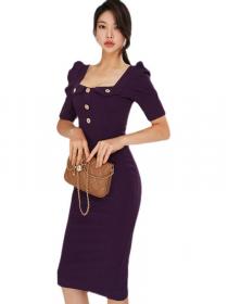 On Sale Mid-length short-sleeved square-neck fashion hip-pack professional dress