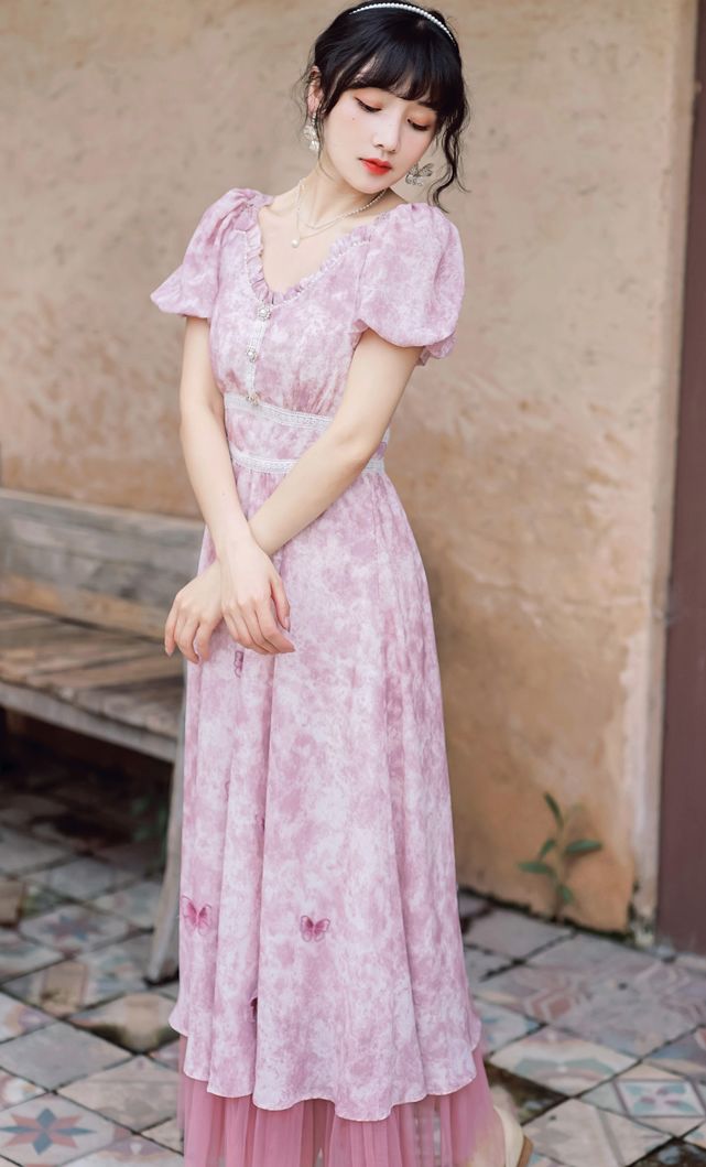 Fairy Slim V-Neck Court Style Floral Chiffon Dress
