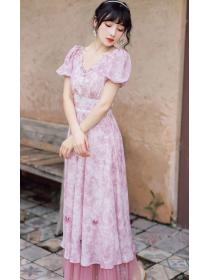Fairy Slim V-Neck Court Style Floral Chiffon Dress