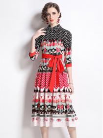 European Style Printed lace-up waist slim pleated dress