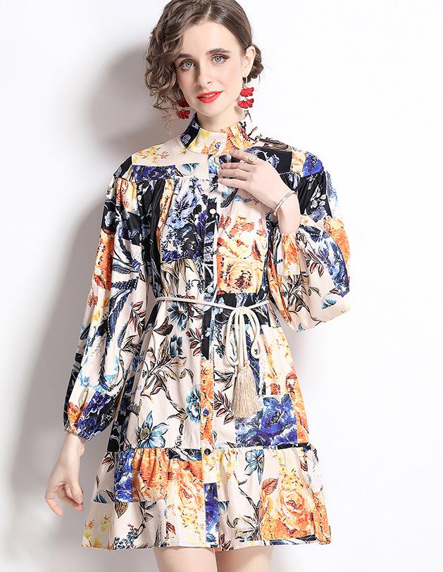Colorful Patchwork Vintage Floral Long Sleeve Nipped Waist Single Breasted Dress