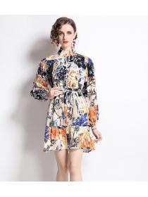 Colorful Patchwork Vintage Floral Long Sleeve Nipped Waist Single Breasted Dress