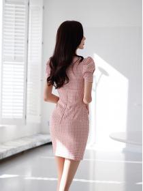 Korean Style retro plaid temperament square collar high waist slim slimming hip dress