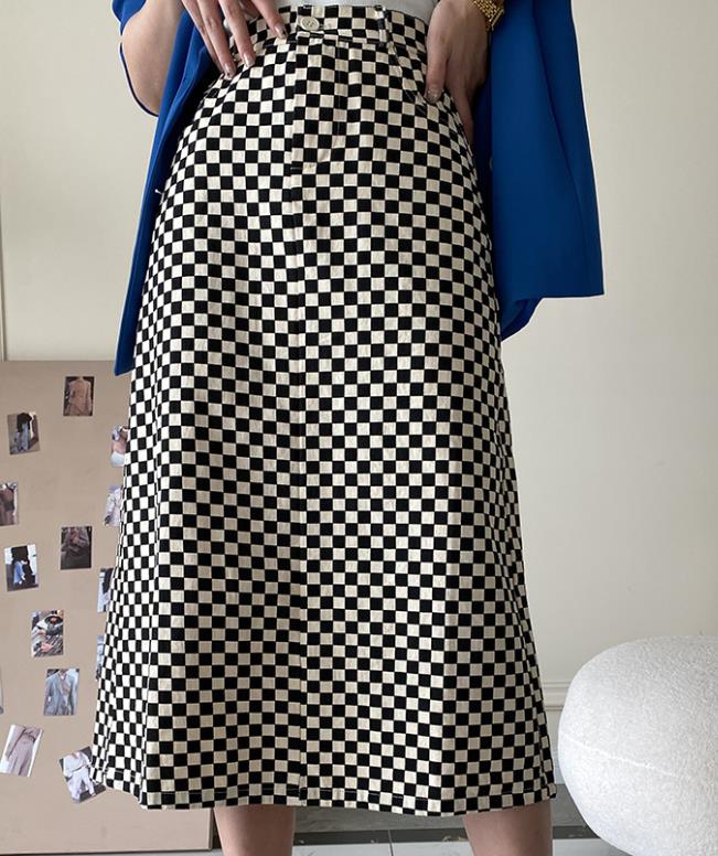 On Sale Tall Waist Grid Printing  Fashion Slim Skirt