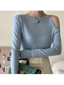 Discount Dew Shoulder Pure Color Knitting Top 