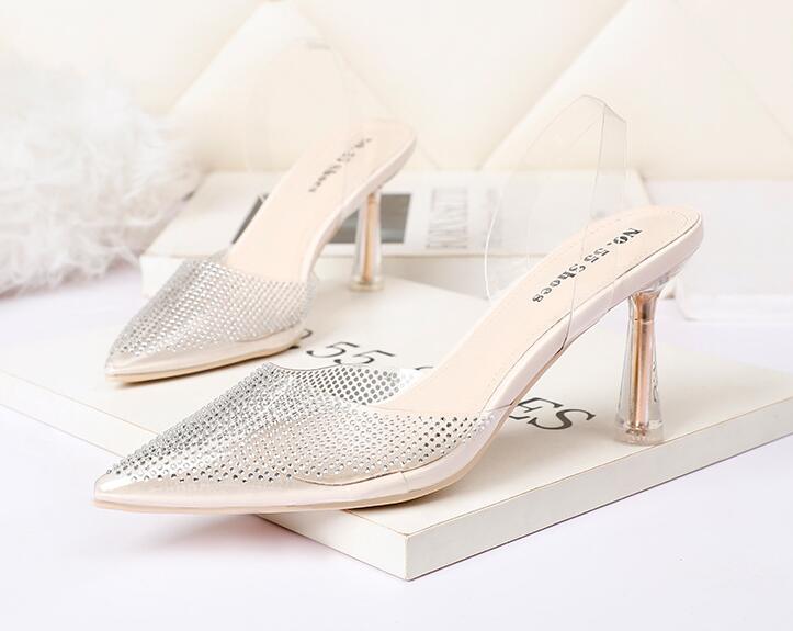Outlet Sexy pointed toe high heels transparent rhinestone sandals