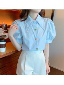 On Sale Puff Sleeve Point Collar Color Button Shirt