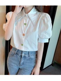 On Sale Puff Sleeve Point Collar Color Button Shirt