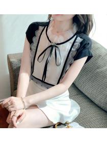 Bow-knot chiffon  stand-up collar lace   temperament all-match top
