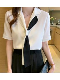 Suit collar chiffon white shirt long sleeve temperament tie top
