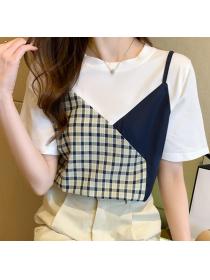 Short-sleeved chiffon shirt pure cotton stitching all-match T-shirt