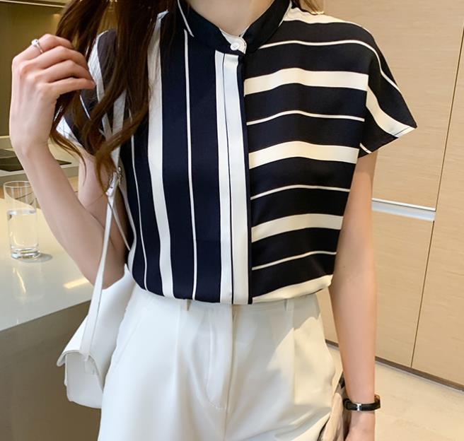 Irregular striped chiffon short-sleeved  temperament stand-up collar T-shirt