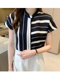 Irregular striped chiffon short-sleeved  temperament stand-up collar T-shirt