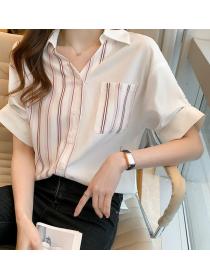 Short-sleeved chiffon shirt pure cotton stitching all-match Blouse 