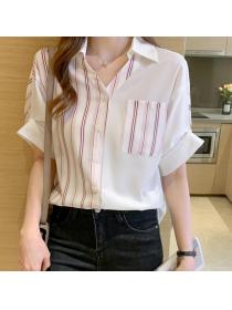 Short-sleeved chiffon shirt pure cotton stitching all-match Blouse 