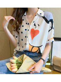 Printed chiffon short-sleeved shirt women's design sense V-neck top