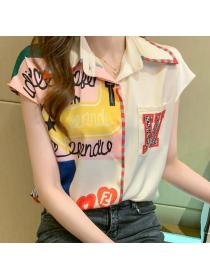 Fashion stitching letter temperament print lapel chiffon shirt