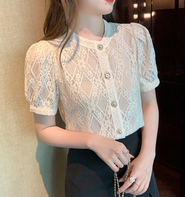 Retro puff sleeve lace shirt v-neck high-end temperament top