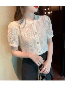 Retro puff sleeve lace shirt v-neck high-end temperament top  
