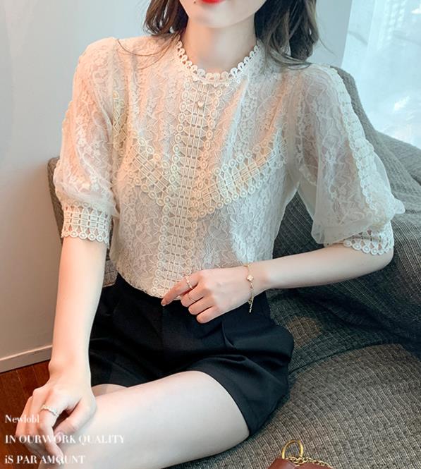 On Sale Lace Hollow Out Puff Sleeve Blouse