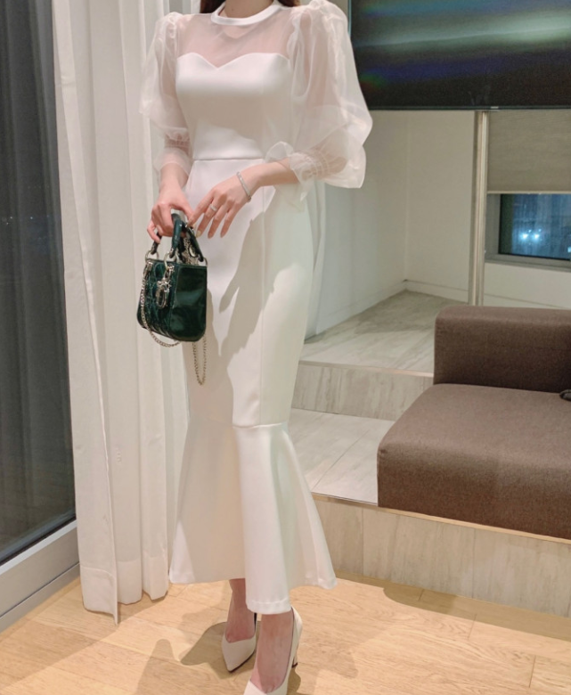 On Sale Gauze Matching Pure Color Horn Sleeve Dress