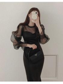 On Sale Gauze Matching Pure Color Horn Sleeve Dress 