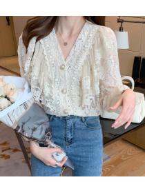 V-neck flared long-sleeved lace chain link cutout shirt