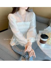 Lace Patchwork Mesh V  Collars Blouse 