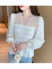 Lace Patchwork Mesh V  Collars Blouse 