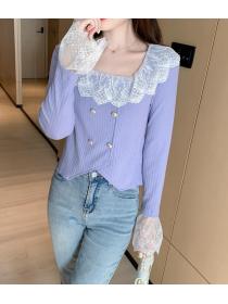 On Sale Temperament ruffle stitching flared sleeve long-sleeved V-neck top