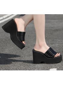 Outlet Wedge heel korean style platform high heel  square toe slippers