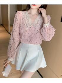 On Sale Temperament ruffle stitching flared sleeve long-sleeved V-neck top