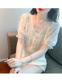 V-neck lace temperament  chiffon shirt short-sleeved top foreign style  shirt