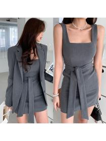 Outlet Korean fashion Loose business suit sleeveless dress 2pcs set for women