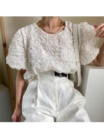 Pure Color Crinkled Puff Sleeve Shirt