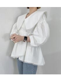 Lace doll collar irregular design lace puff sleeve ruffle shirt