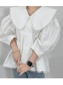 Lace doll collar irregular design lace puff sleeve ruffle shirt