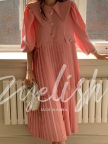Pearl Button Loose Mid-Length Pleated Dress