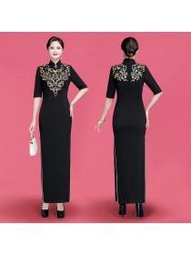 Vintage style Long black cheongsam  performance clothing for women