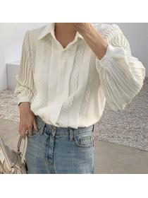 Discount Lace Pleated Balloon Sleeve Shirt