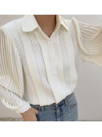 Discount Lace Pleated Balloon Sleeve Shirt