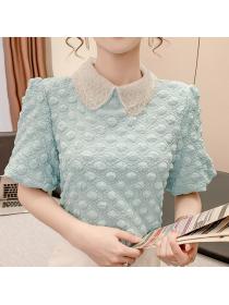 Crystal Doll Collar Bubble Grid Sweet Age-Reducing Loose All-match Shirt
