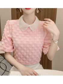 Crystal Doll Collar Bubble Grid Sweet Age-Reducing Loose All-match Shirt